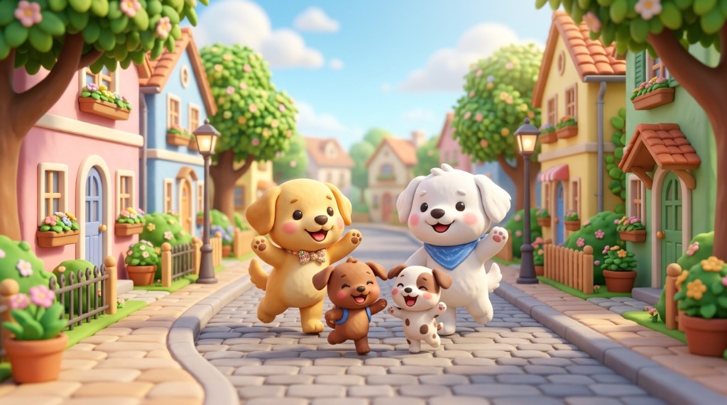 강아지 가족이 함께 걷는 건강할인 펫보험 일러스트